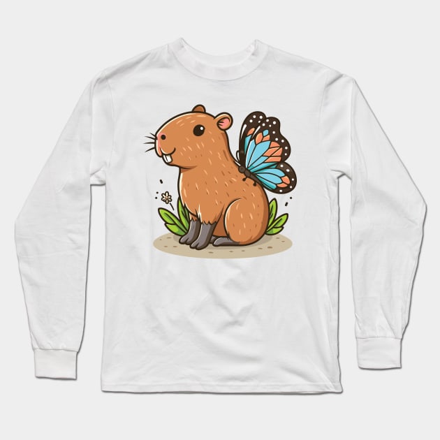 Capybara with butterfly // Cute Guinea Pig Design Long Sleeve T-Shirt by Trendsdk